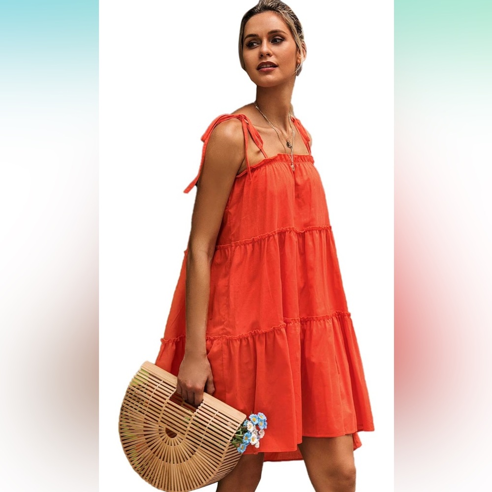 Red Orange Tie Shoulder Dress Coverup coral 🍊LAST CHANCE